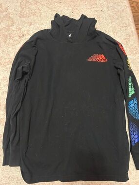 adidas Black Hoodie with Rainbow Logo Sleeve and Red Chest Logo